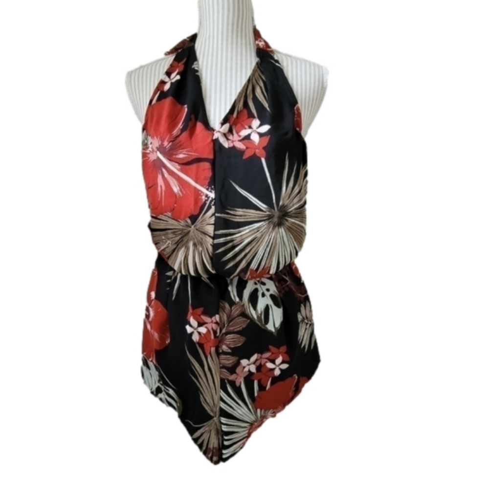 Dynamite | vneck halter romper one piece | small | black red hibiscus dress - Picture 4 of 15